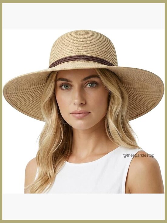 Wide Brim Straw Sun Hat Foldable UPF 50+ Adjustable Chin Strap display picture 1